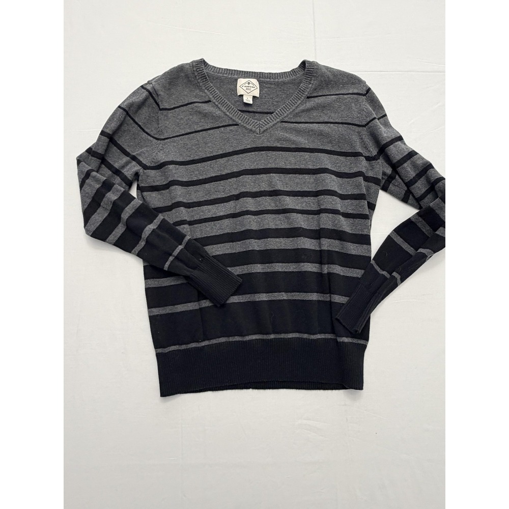 St. John's Bay Sweater Mens Large Gray Striped Cotton V Neck Knit Pullover